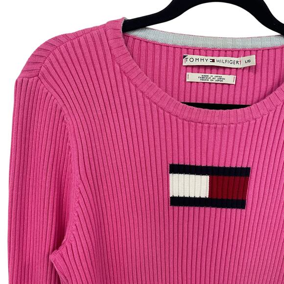 Y2K Tommy Hilfiger Pure Cotton Ribbed Knit Logo Sweater Pink Womens Large - Picture 2 of 7